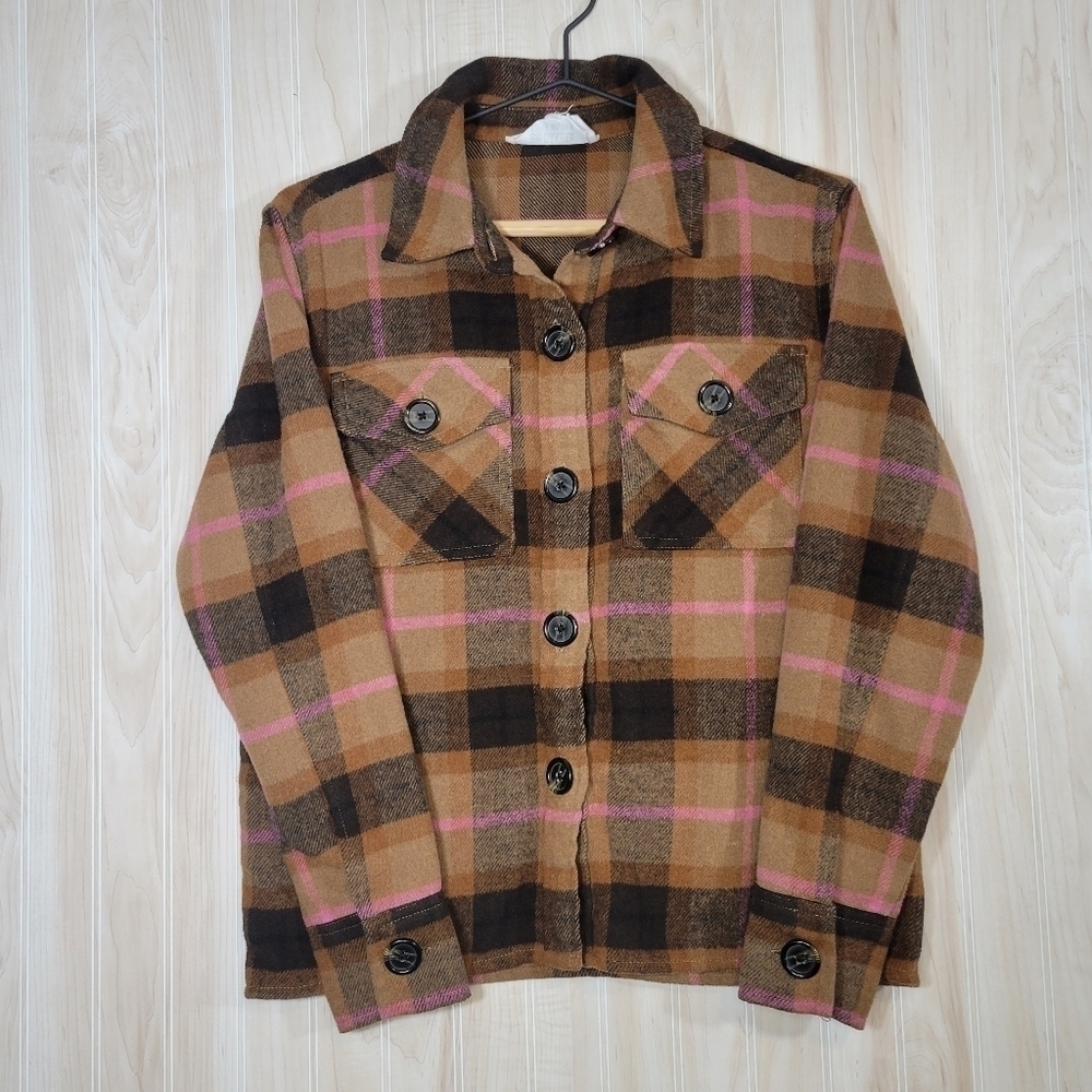 BB Dakota by Steve Madden Brown & Pink Plaid Button-Down Long Sleeve Shirt Sz XS - Picture 2 of 5